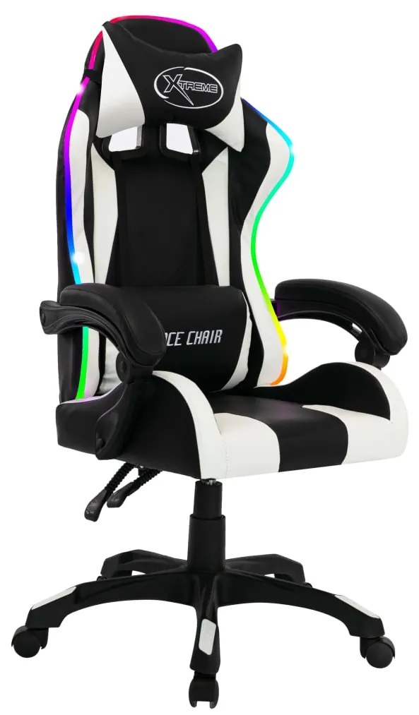 Cadeira estilo corrida luzes LED RGB couro artif. branco/preto
