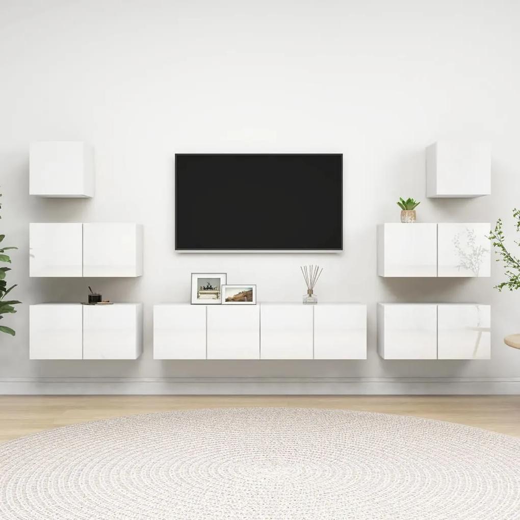 8 pcs conjunto de móveis de TV contraplacado branco brilhante