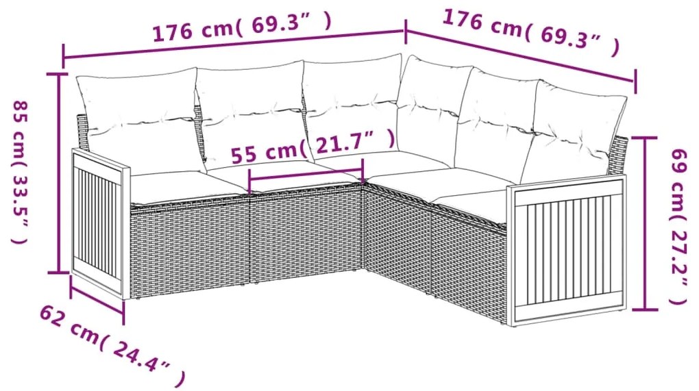 5 pcs conjunto de sofás p/ jardim com almofadões vime PE bege