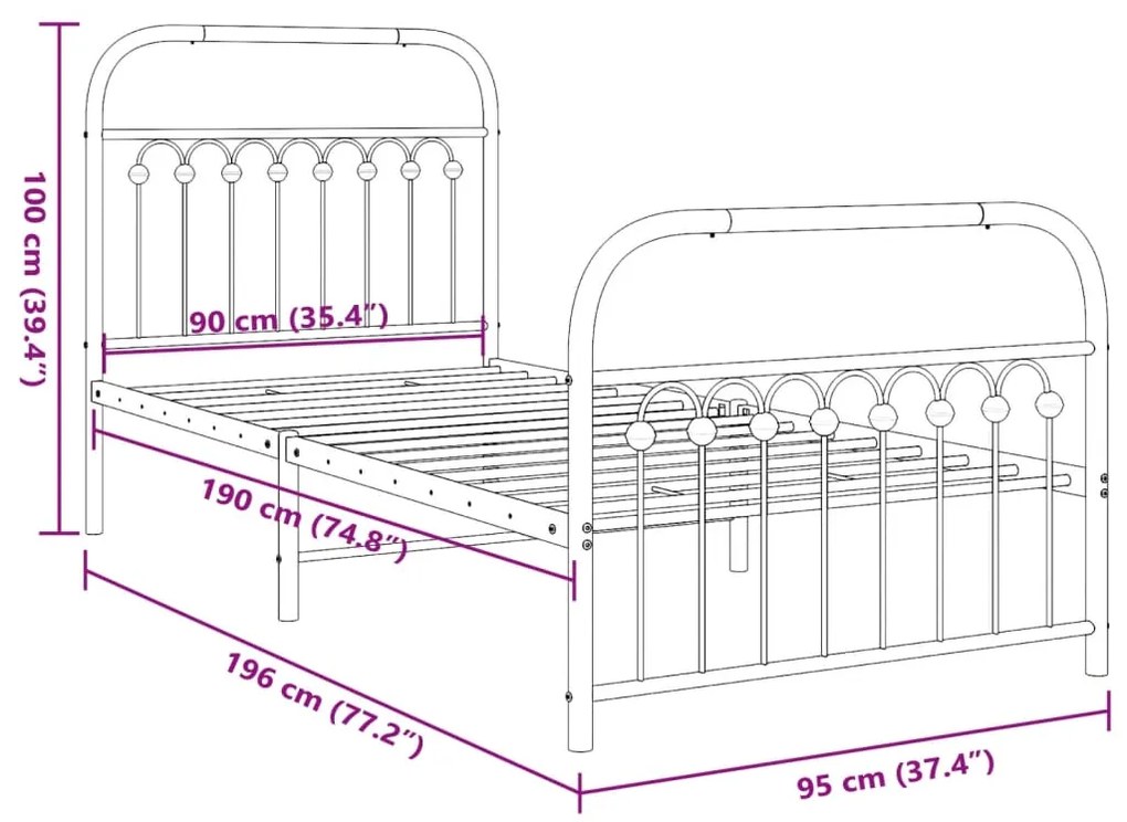 Estrutura de cama com cabeceira e pés 90x190 cm metal preto