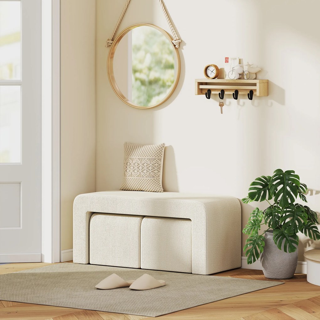 Conjunto de 3 Bancos Grande e 2 Pequenos Bancos Modernos em Veludo 104x44x48 cm Creme