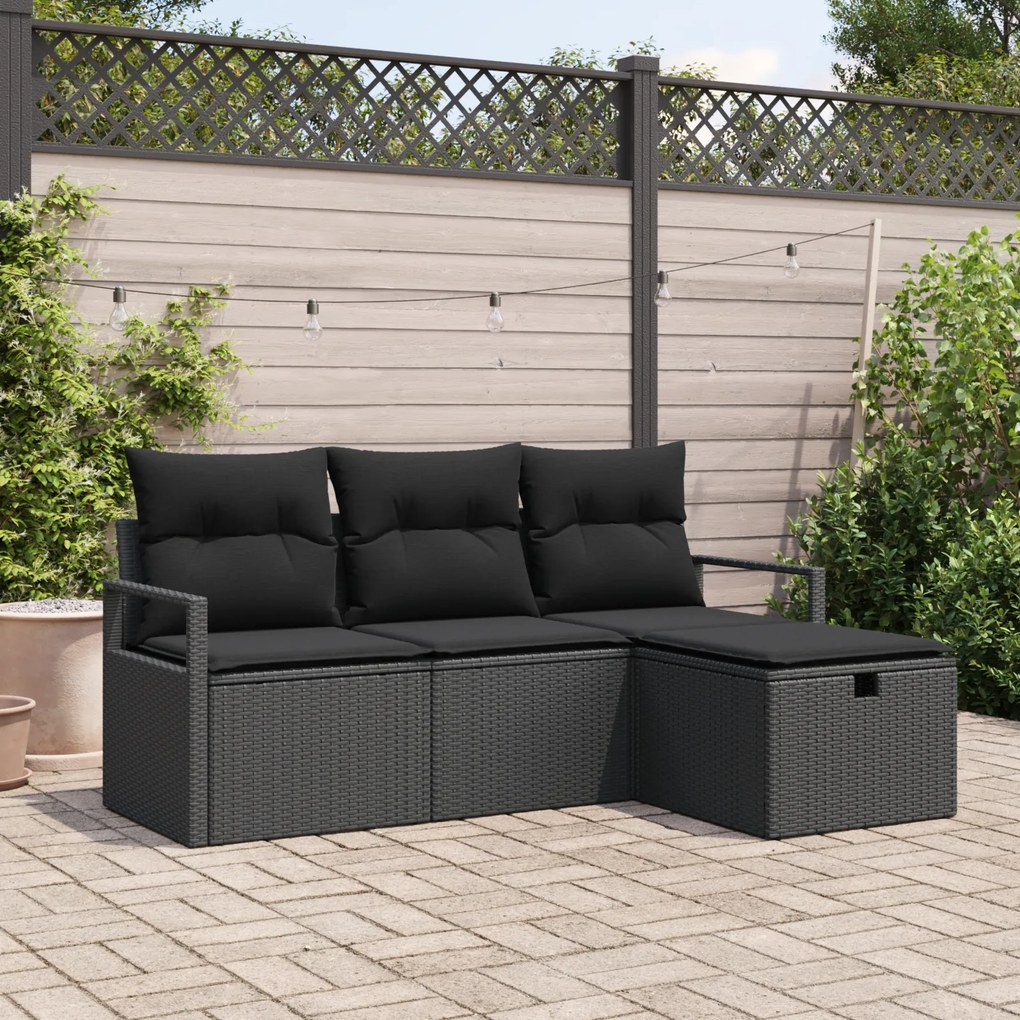 Conjunto de Sofá de Jardim com 4 Peças e Almofadas Pretas de Rattan Po