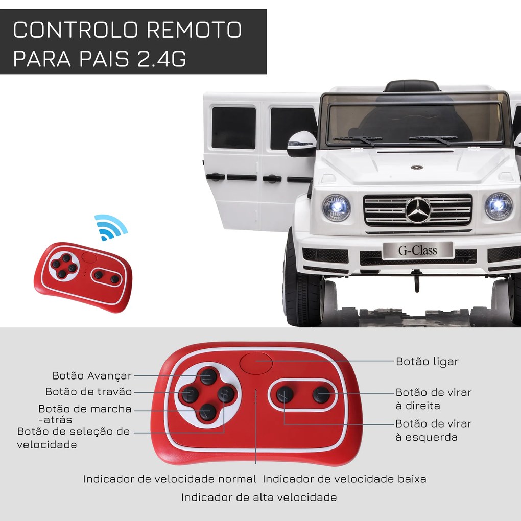 Carro Elétrico crianças BENZ G500 Todo-o-Terreno com Bateria 12V Veículo Elétrico com Música Buzina Velocidade 3-5 km/h Branco