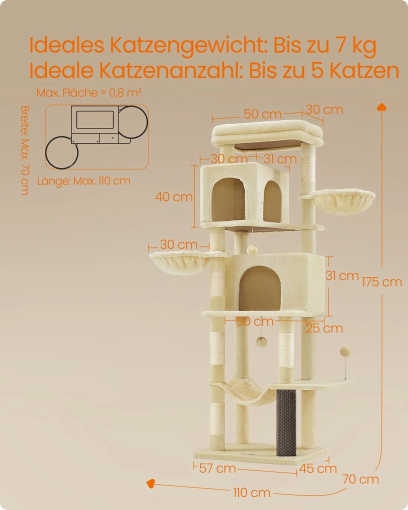 Arranhador Gatos com 175 cm de altura XL com 2 grutas bege areia