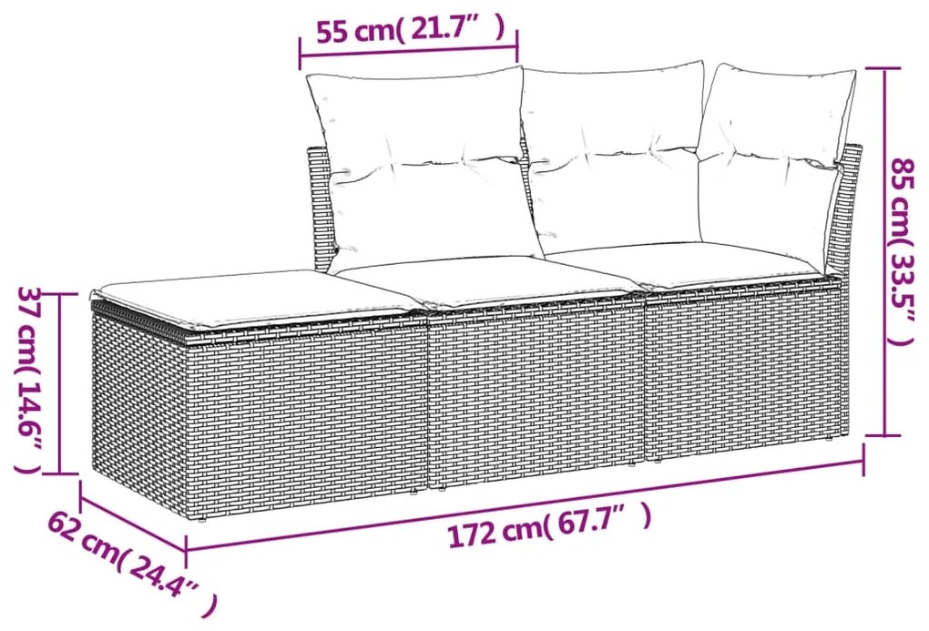 3 pcs conjunto sofás de jardim c/ almofadões vime PE cinzento