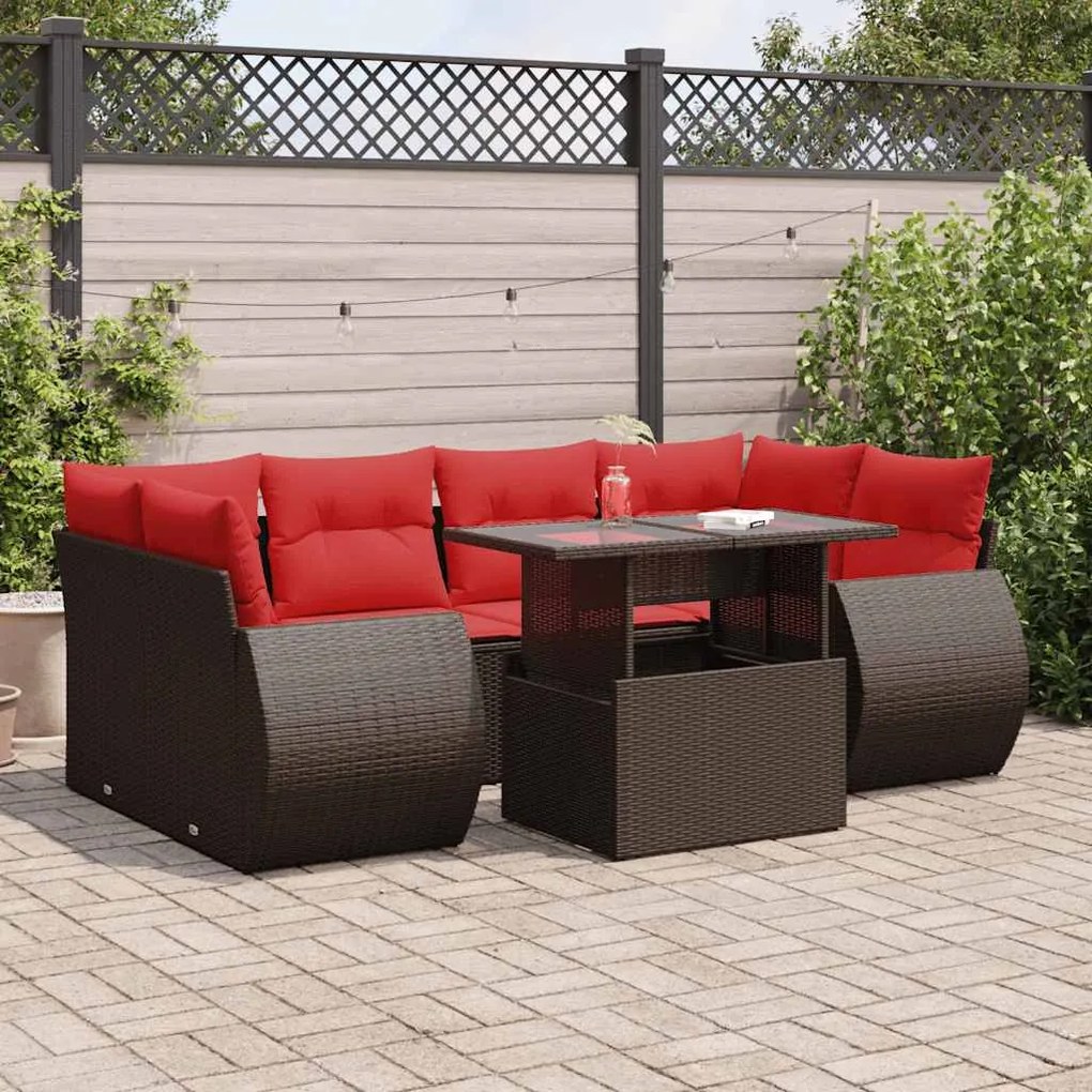 7 pcs conj. sofás jardim c/ almofadões vime PE/acácia castanho