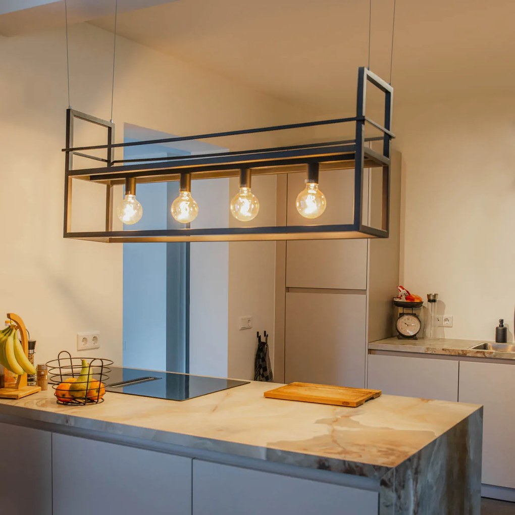 Candeeiro de suspensão industrial preto com prateleira grande 4 luzes - Cage Rack