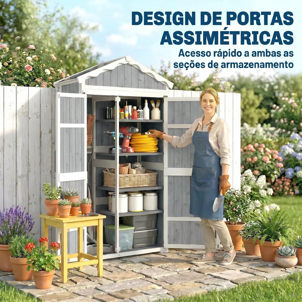 Armário de Jardim de Madeira 105x55x179 cm Abrigo de Exterior com Portas 4 Prateleiras Extraíveis Teto Metal Galvanizado Cinza