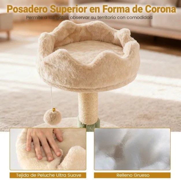 Arranhador Grande para Gatos 77,5 x 68 cm x 163 cm de Interior com 2 Casas Percha de Peluche Cama Postes Rascadores de Sisal Verde