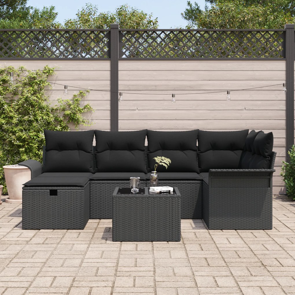Conjunto de Sofá de Jardim de 7 Peças com Almofadas em Preto de Rattan