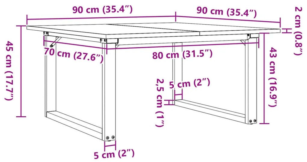 Mesa de centro estrutura em O 90x90x45 cm pinho e aço