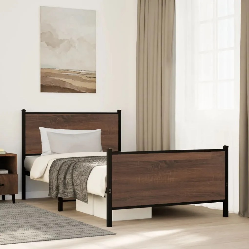 Estrutura de cama sem colchão 100x200cm metal carvalho castanho