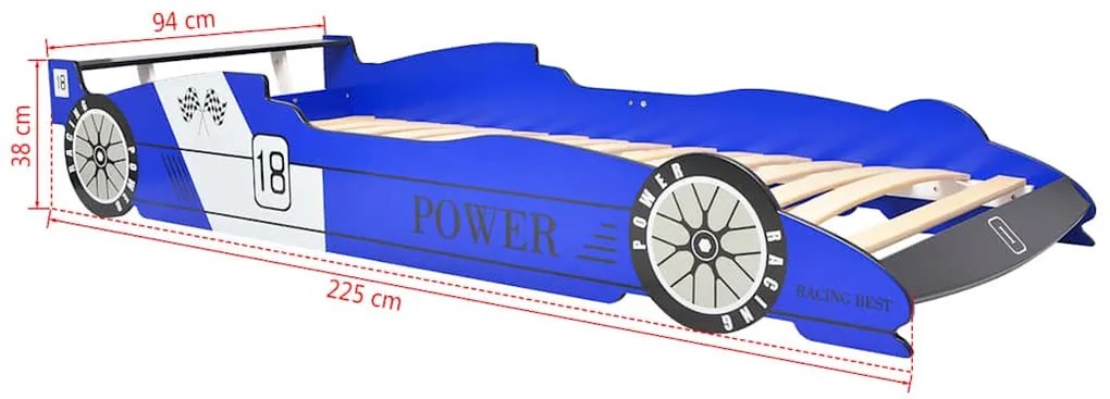 Cama carro de corrida LED para crianças 90x200 cm azul
