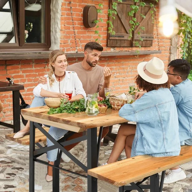 Conjunto de mesa de piquenique e banco de 3 peças, mesa de cerveja dupla com estrutura de aço de 2 assentos para jardim externo natural