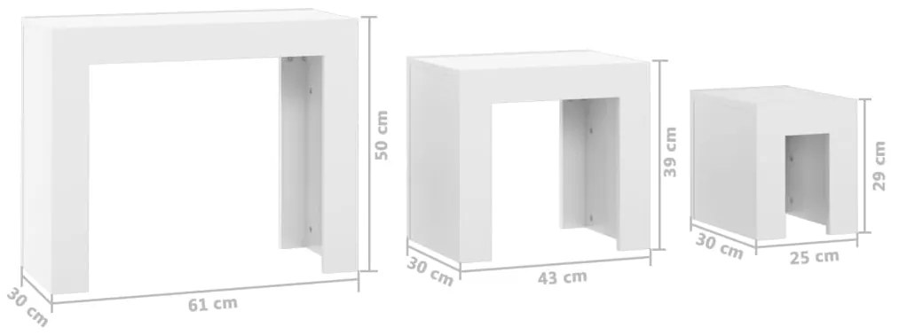 Mesas de centro de encastrar 3 pcs contrapl. branco brilhante