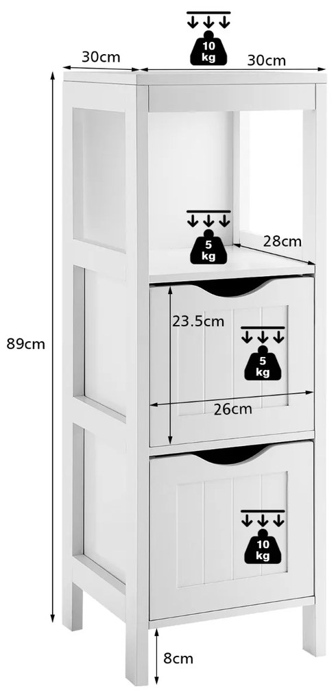 Armário de banho com 1 prateleira e 2 gavetas removíveis estreito lateral 30 x 30 x 89 cm Branco