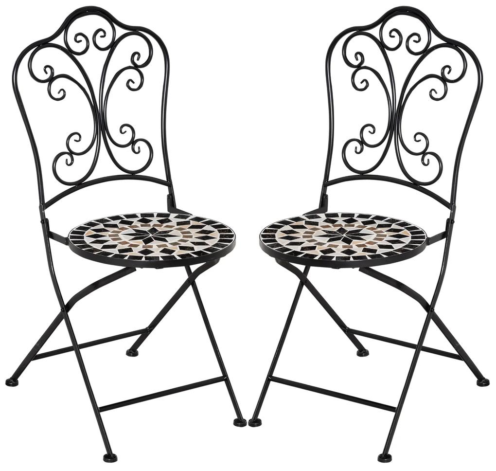 Outsunny Conjunto de 2 Cadeiras Dobráveis de Mosaico Cadeiras de Jardim com Assento de Cerâmica Carga Máxima 120kg 40x50x92cm Preto | Aosom Portugal
