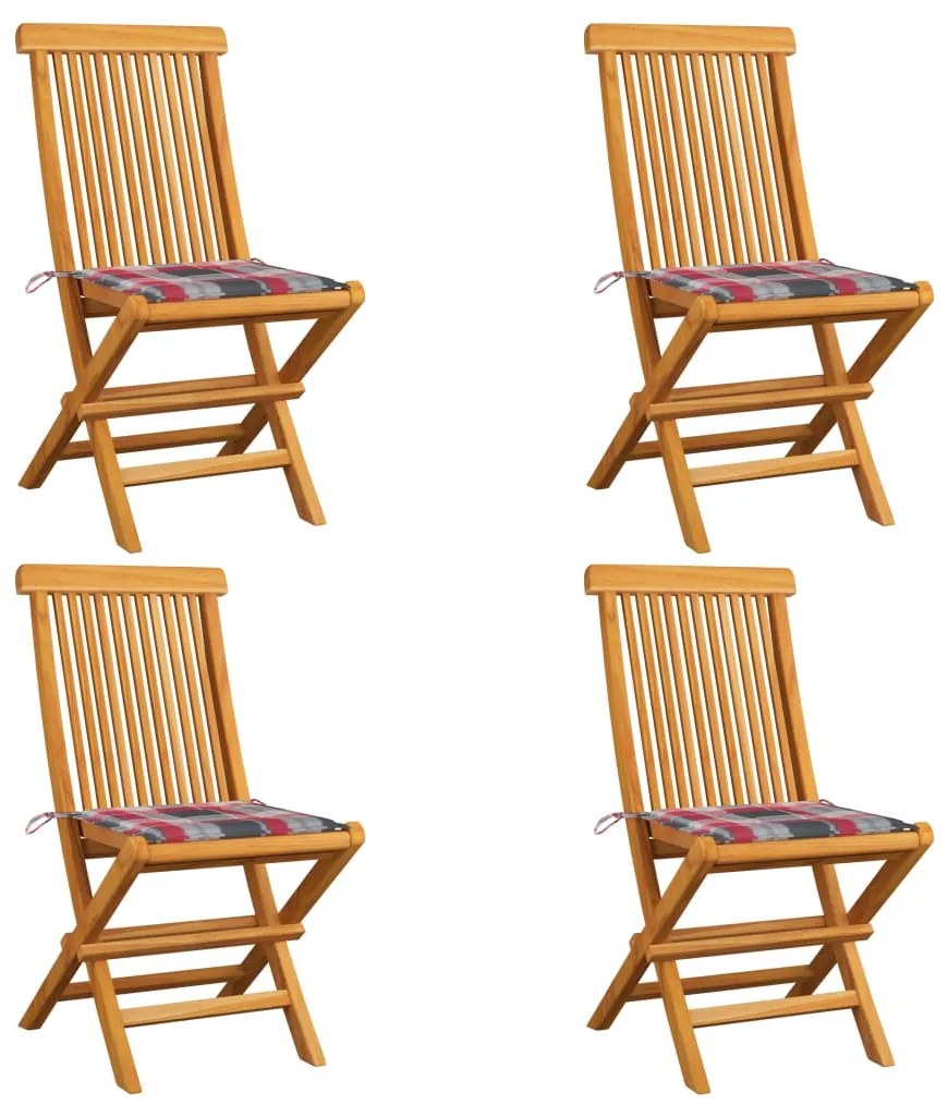 vidaXL Cadeiras de jardim c/ almofadões xadrez vermelho 4 pcs teca