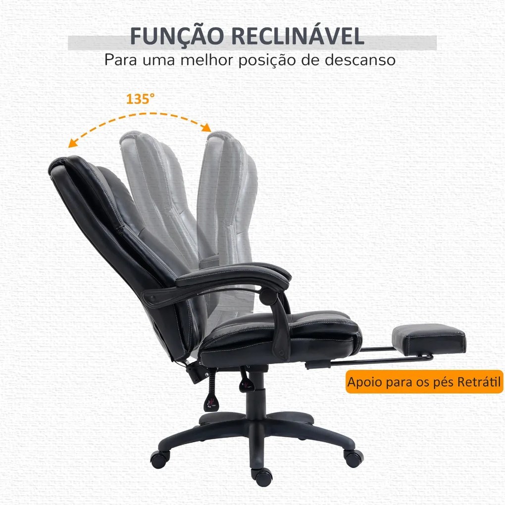 Cadeira de Escritório Giratória com Altura Ajustável 6 Pontos de Massagem Controle Remoto e Apoio para os Pés Retrátil 68,5x68,5x119-127cm Preto