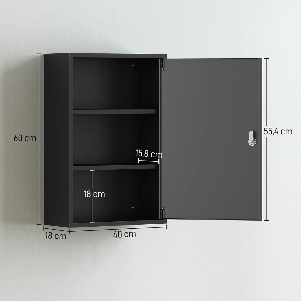 Armário de Medicamentos de Parede, 40 x 18 x 60 cm, com Fechadura, Preto