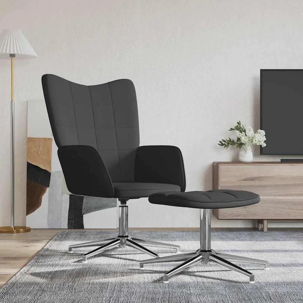 vidaXL Cadeira de descanso com banco PVC e veludo preto
