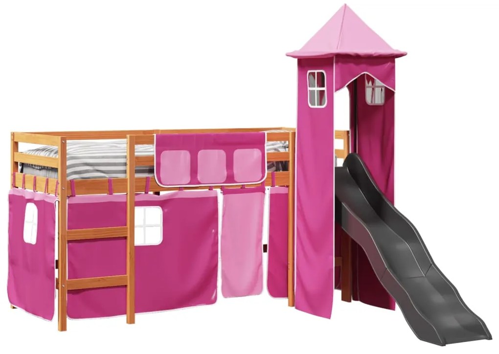 Cama alta para criança com torre 90x200 cm pinho maciço rosa
