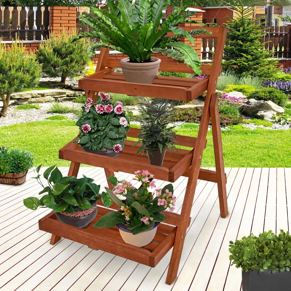 Suporte em forma Escada para flores 79x56x59 cm, 3 degraus, acácia com certificação FSC® Castanho