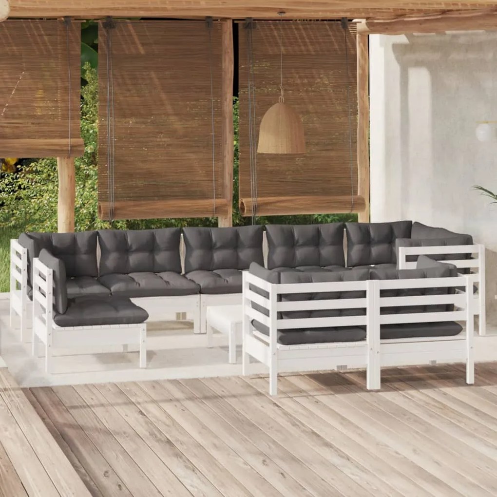 10 pcs conj. lounge de jardim c/ almofadões pinho maciço branco