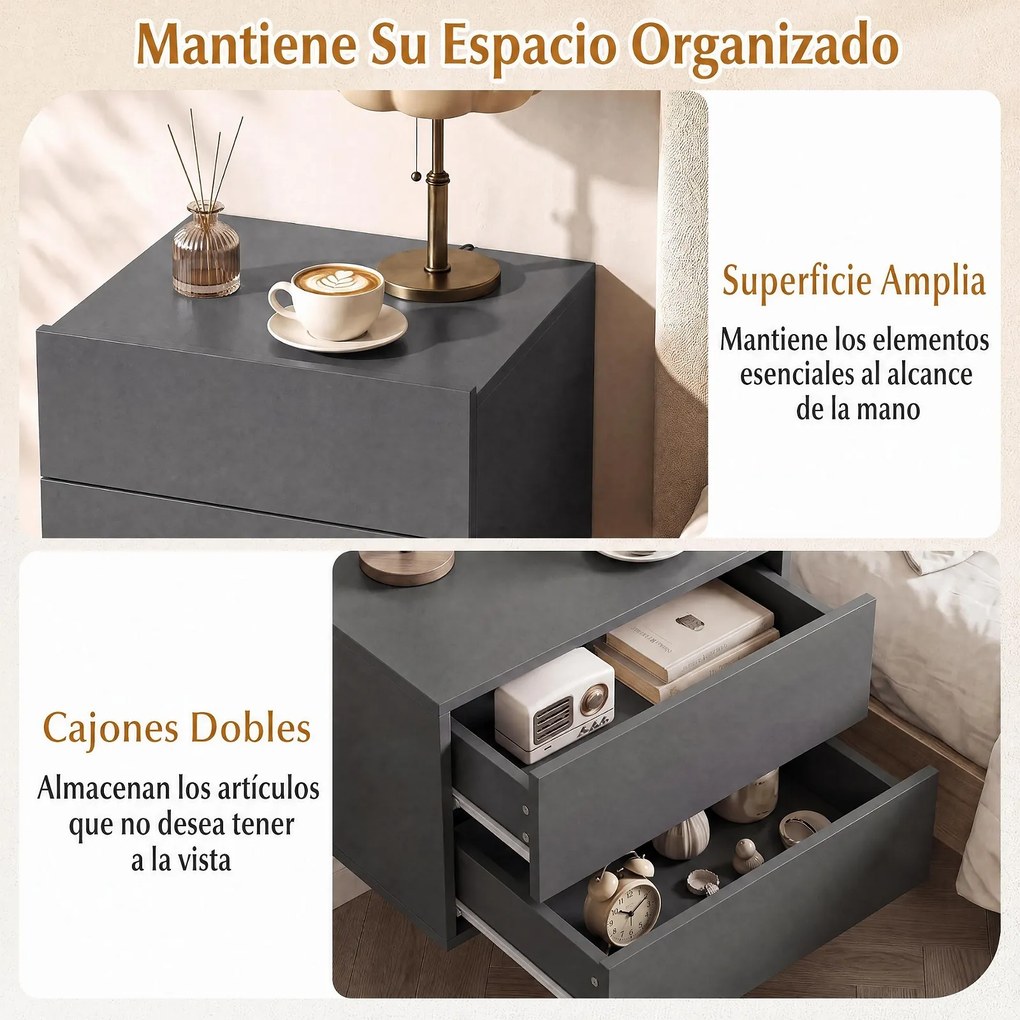 Conjunto de 2 Mesas de Cabeceira Suspensas, 42 x 30 x 29 cm, Duas Gavetas, Cinzento