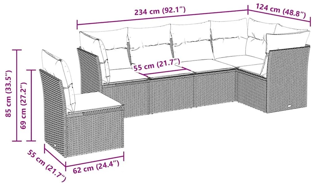 6 pcs conjunto sofás de jardim c/ almofadões vime PE preto