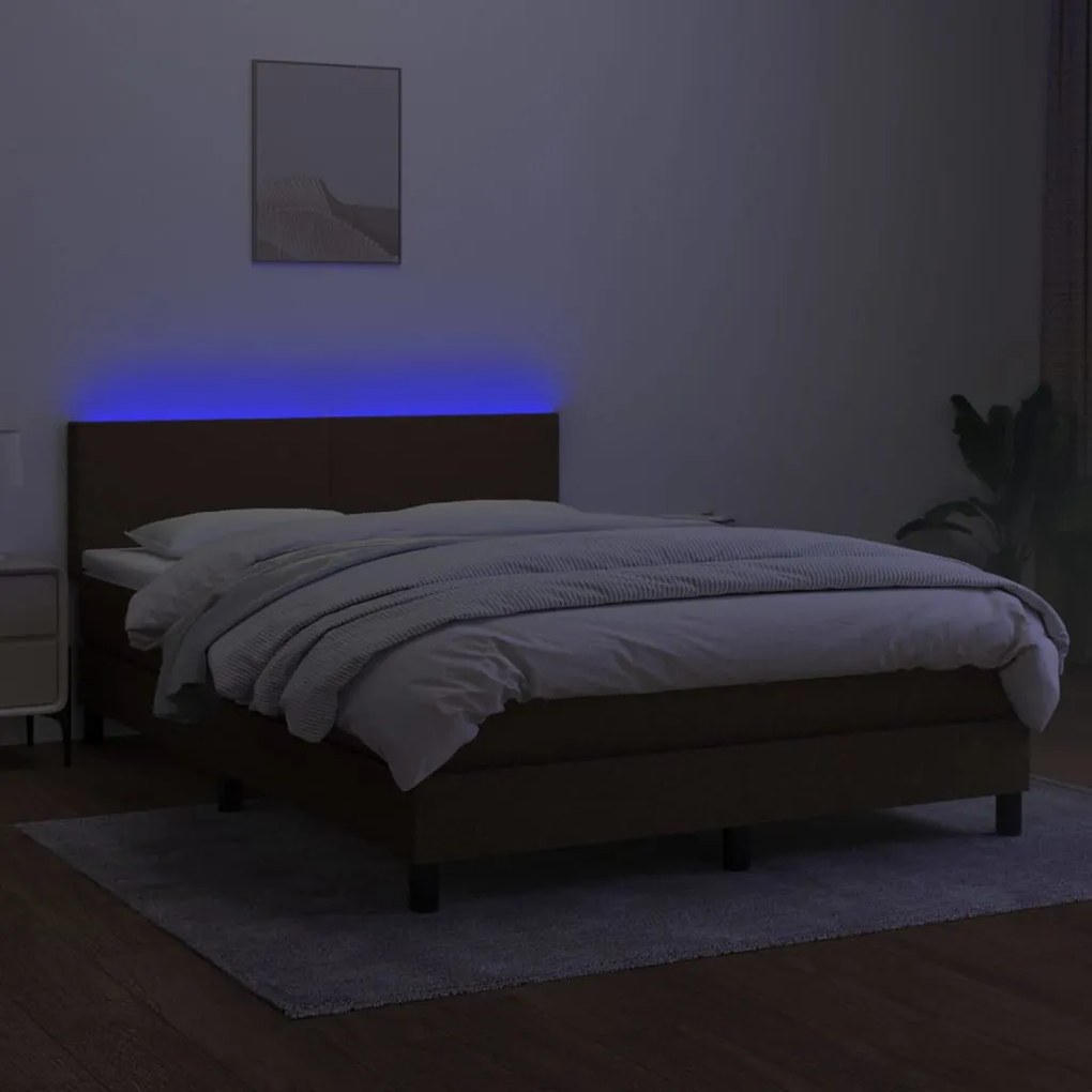 Cama box spring c/ colchão/LED 140x200cm tecido castanho-escuro