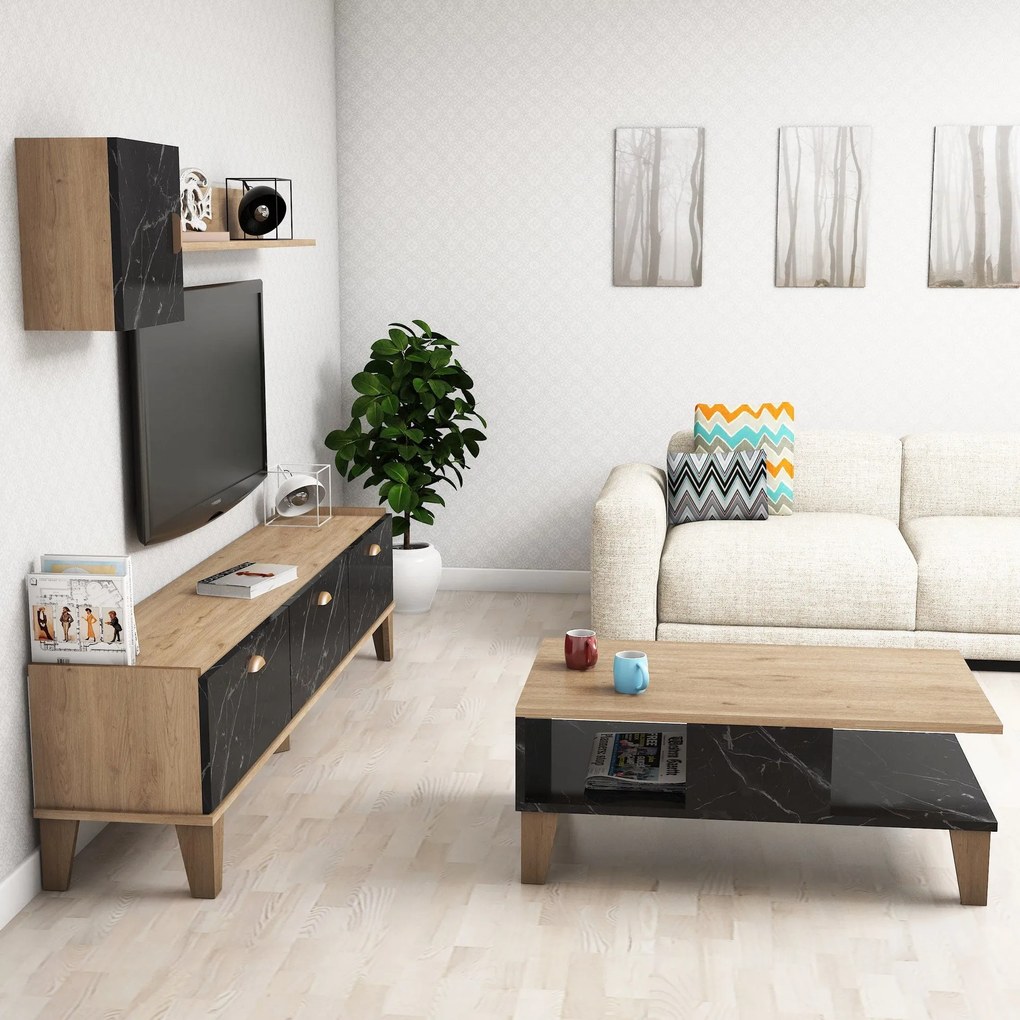 Conjunto de Mobiliário de Sala de Estar Sumer – Carvalho e Mármore – T