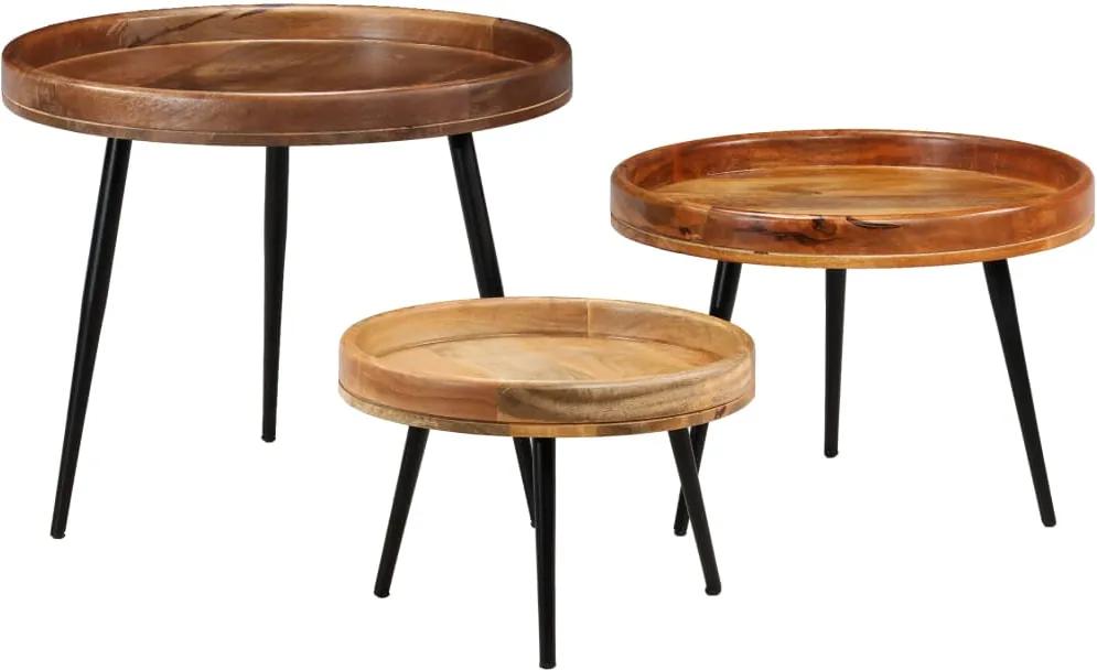 Conjunto de mesas 3 pcs madeira de mangueira maciça e aço