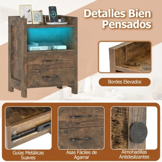 Mesa de cabeceira 45 x 35 x 60 cm com luzes LED e tomadas com 2 gavetas e prateleira aberta castanho