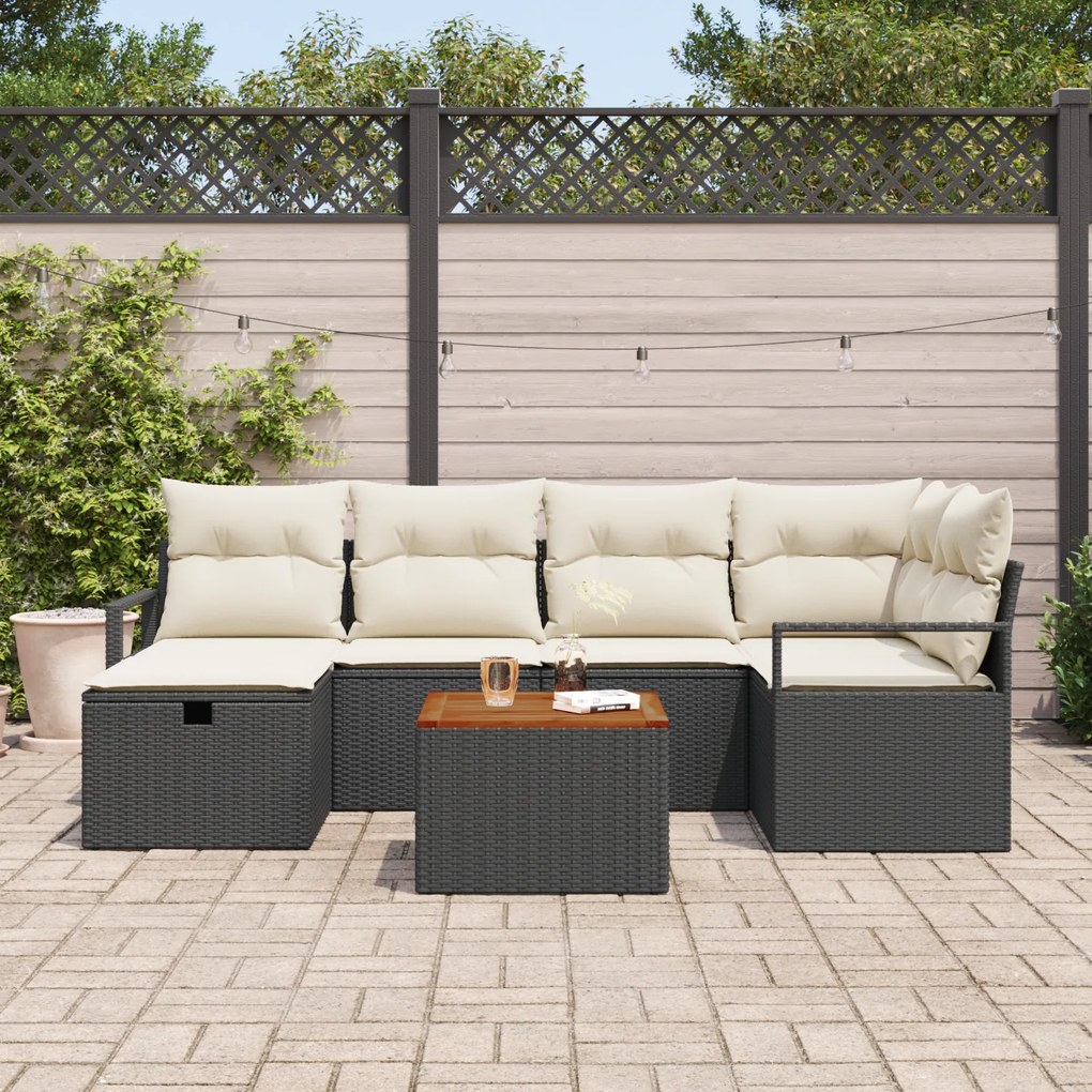 Conjunto de Sofás Jardim vidaXL de 7 Peças com Almofadas Preto Rattan