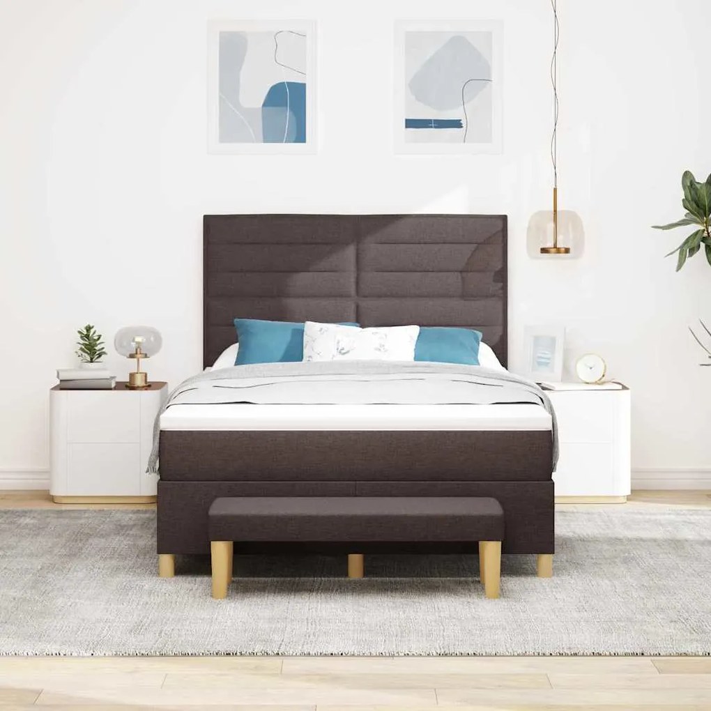 Cama Box Spring com Colchão &amp; Banco Marrom Escuro 140x200 cm Tecido