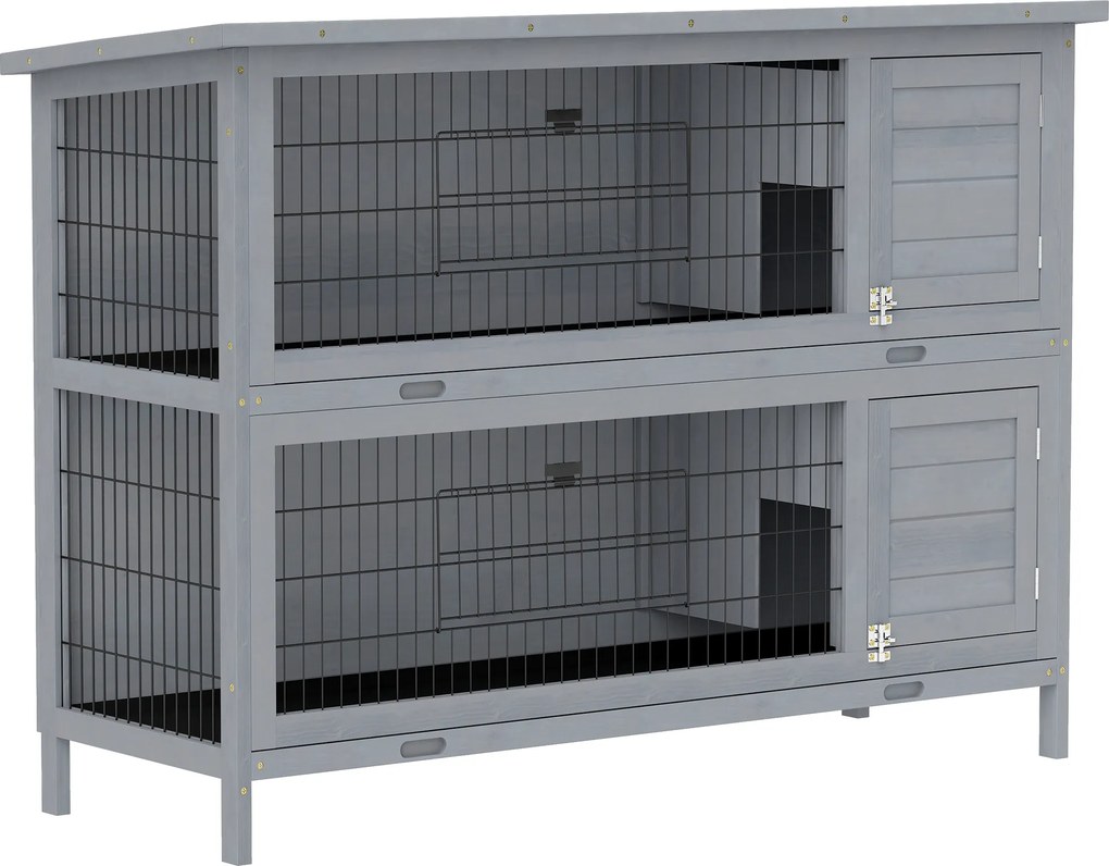 PawHut Gaiola/Casa para Coelho em Madeira com 2 Andares, Telhado de Asfalto, Bandeja de Fundo, Portas para Pequenos Animais 136,4 x 50 x 93 cm Cinza | Aosom Portugal