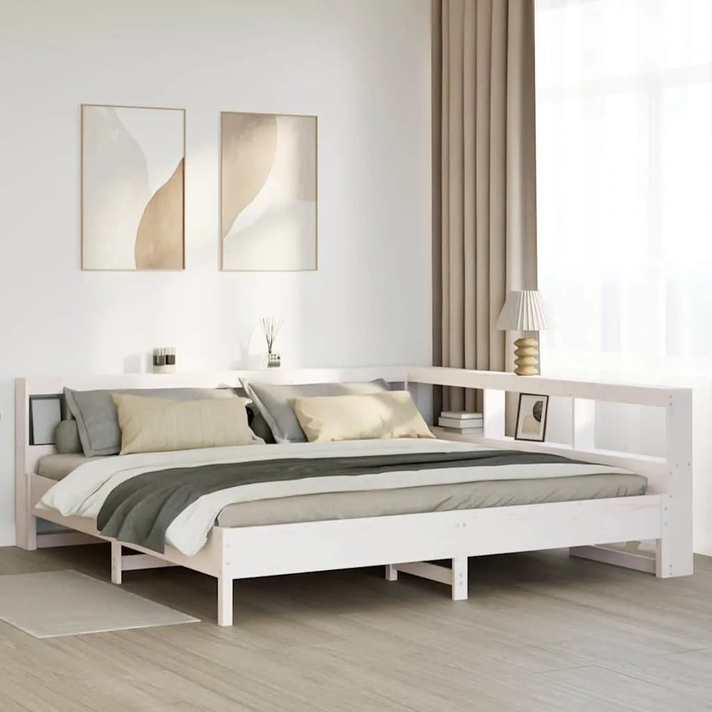 vidaXL Cama com estante sem colchão 200x200 cm pinho maciço branco