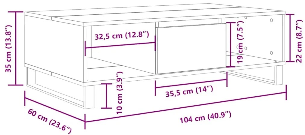 Mesa de centro 104x60x35 cm derivados madeira cinzento sonoma