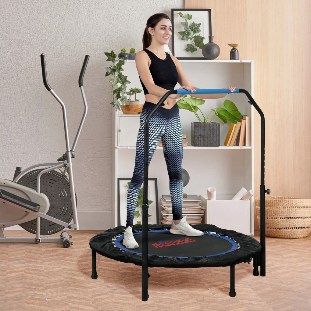 Trampolim Fitness Ø102 Trampolim Dobrável com Pega Ajustável em 4 Níveis Estrutura de Aço Azul
