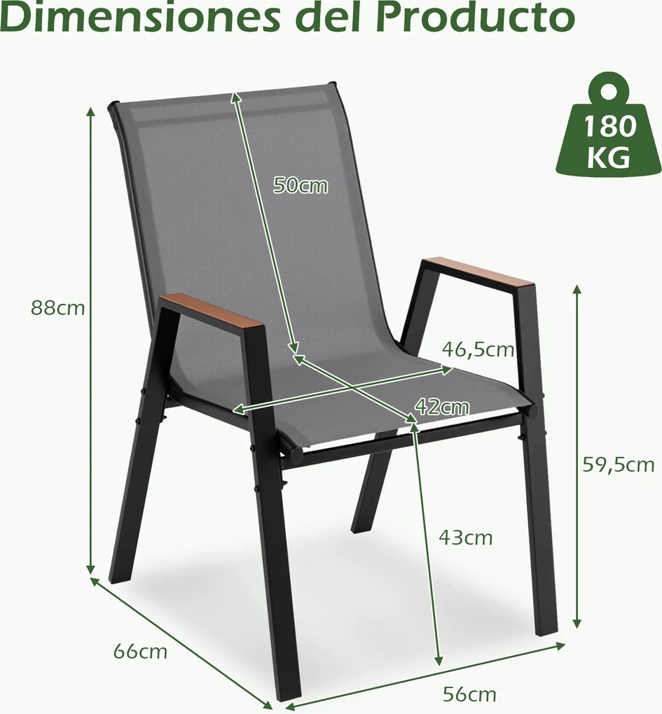 Conjunto de 6 Cadeiras de Jardim Empilháveis (PACOTE SÓ INCLUI 6 CADEIRAS, MESA NÃO INCLUIDA), 56 x 66 x 88 cm, Costas Altas, Cinzento