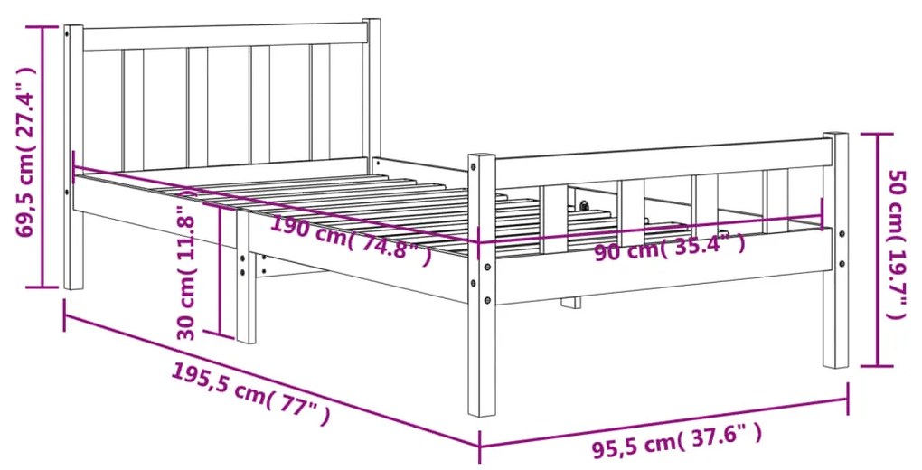 Estrutura cama c/ cabeceira 90x190 cm pinho maciço castanho-mel