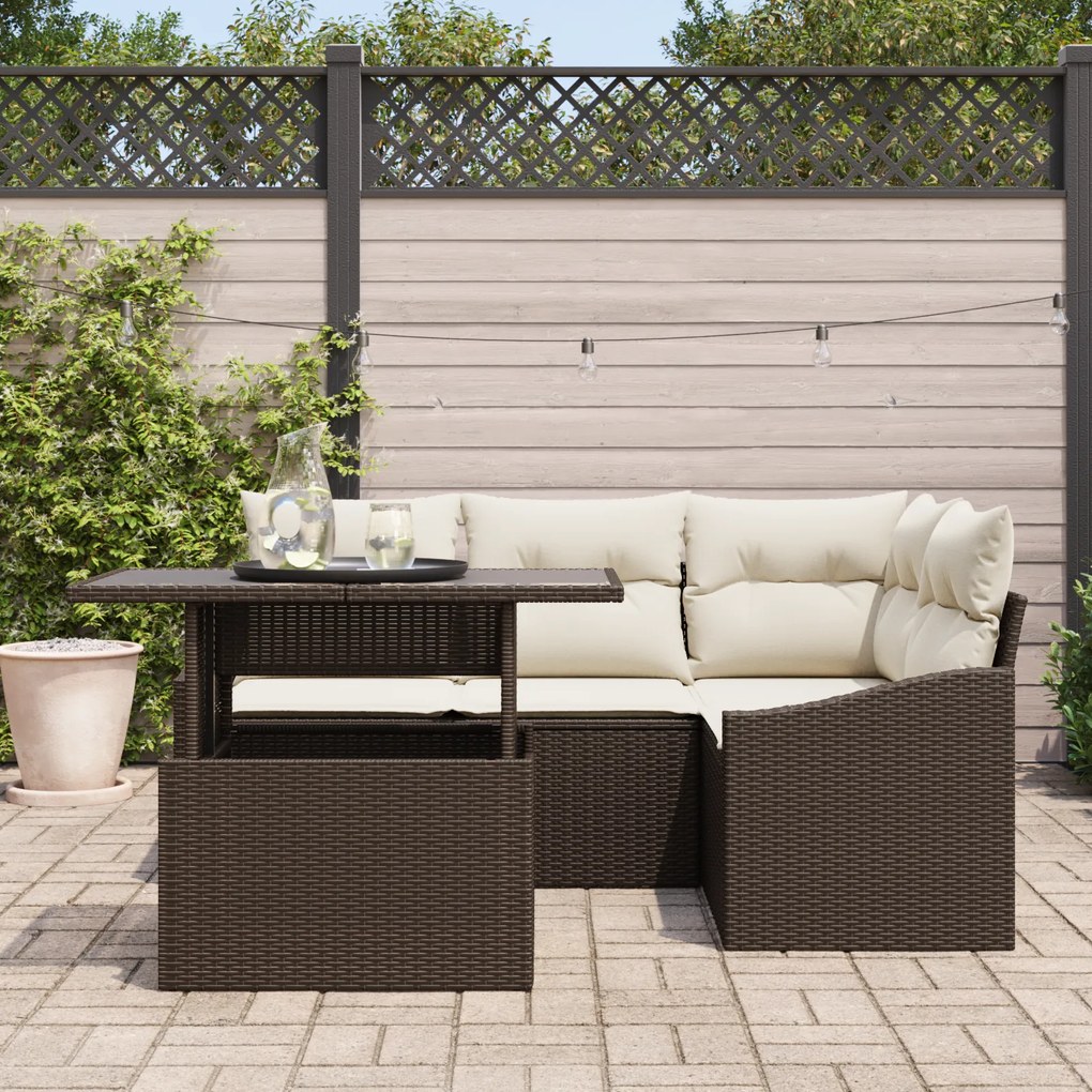 Conjunto de Sofá de Jardim de 5 Peças com Almofadas Castanho em Rattan