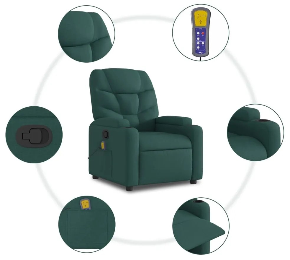 Poltrona reclinável elevatória de massagens tecido verde-escuro