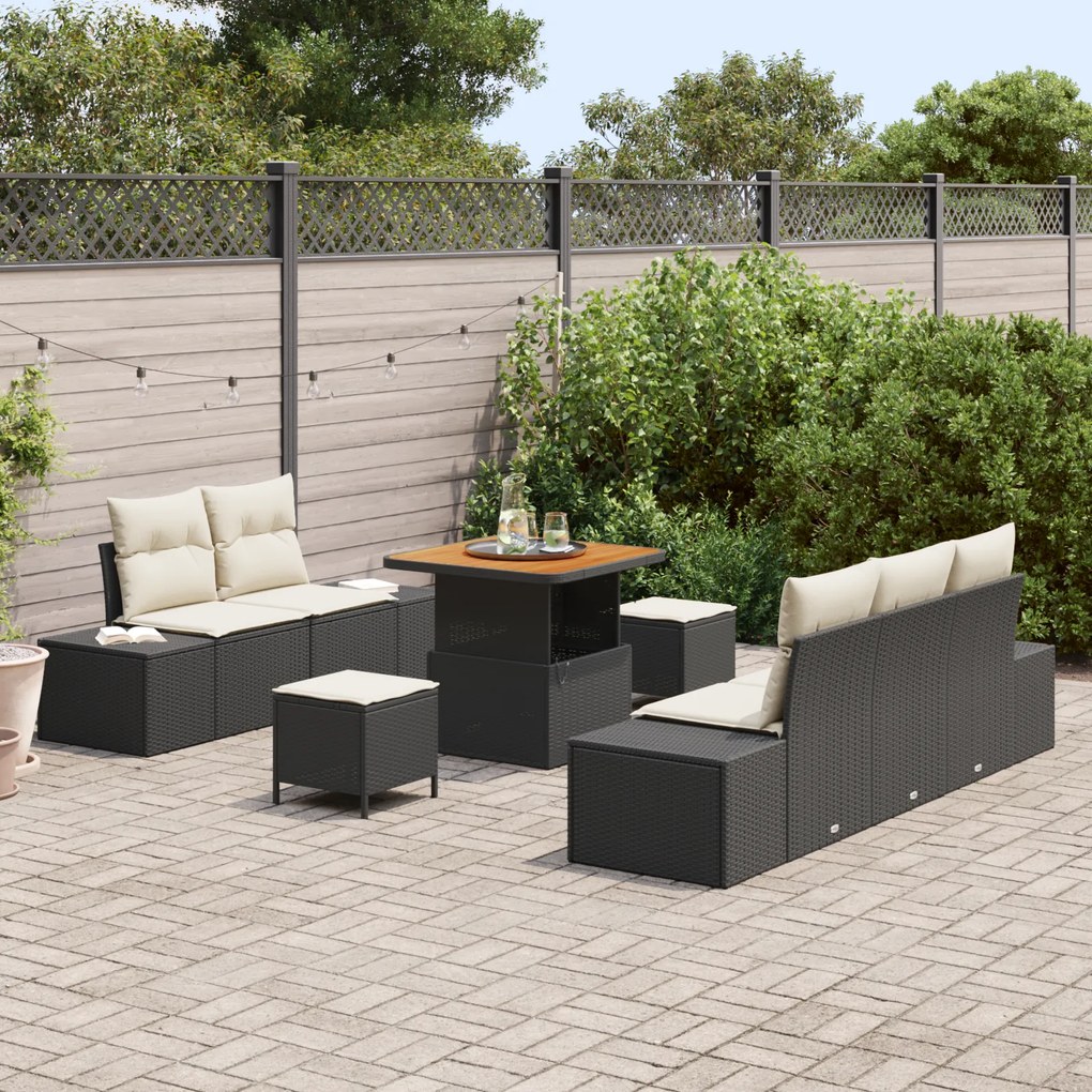 Conjunto de Sofá de Jardim 8 Peças com Almofadas Preto Rattan Poly Acá
