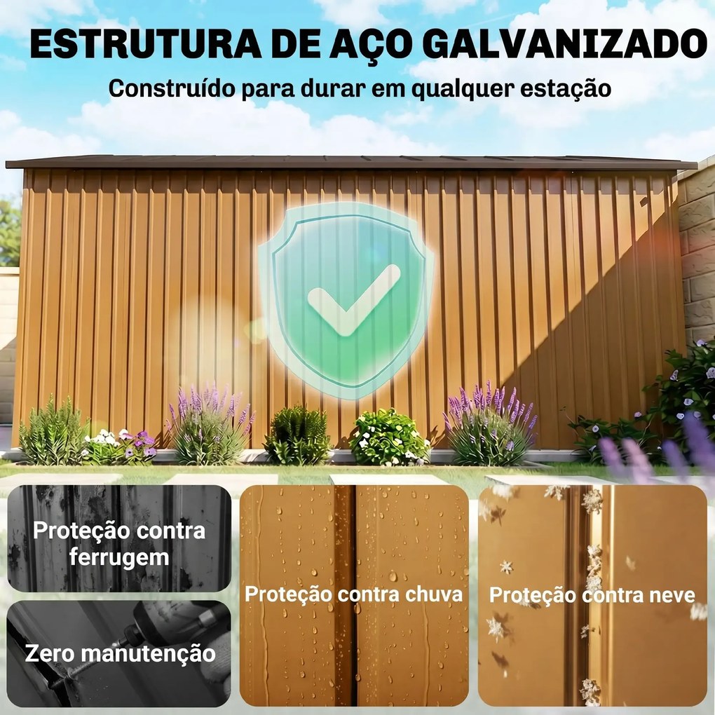Abrigo de Jardim Metálico 340x386x200cm Abrigo de Exterior para Armazenamento de Ferramentas com estrutura Base Incluida (PISO NÃO INCLUIDO) 4 Janelas