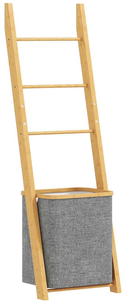 HOMCOM Estante para Casa de Banho de Bambu com 3 Barras e Cesto para Roupa Suja Removível de 48 L 43x35x133 cm Cinzento | Aosom Portugal