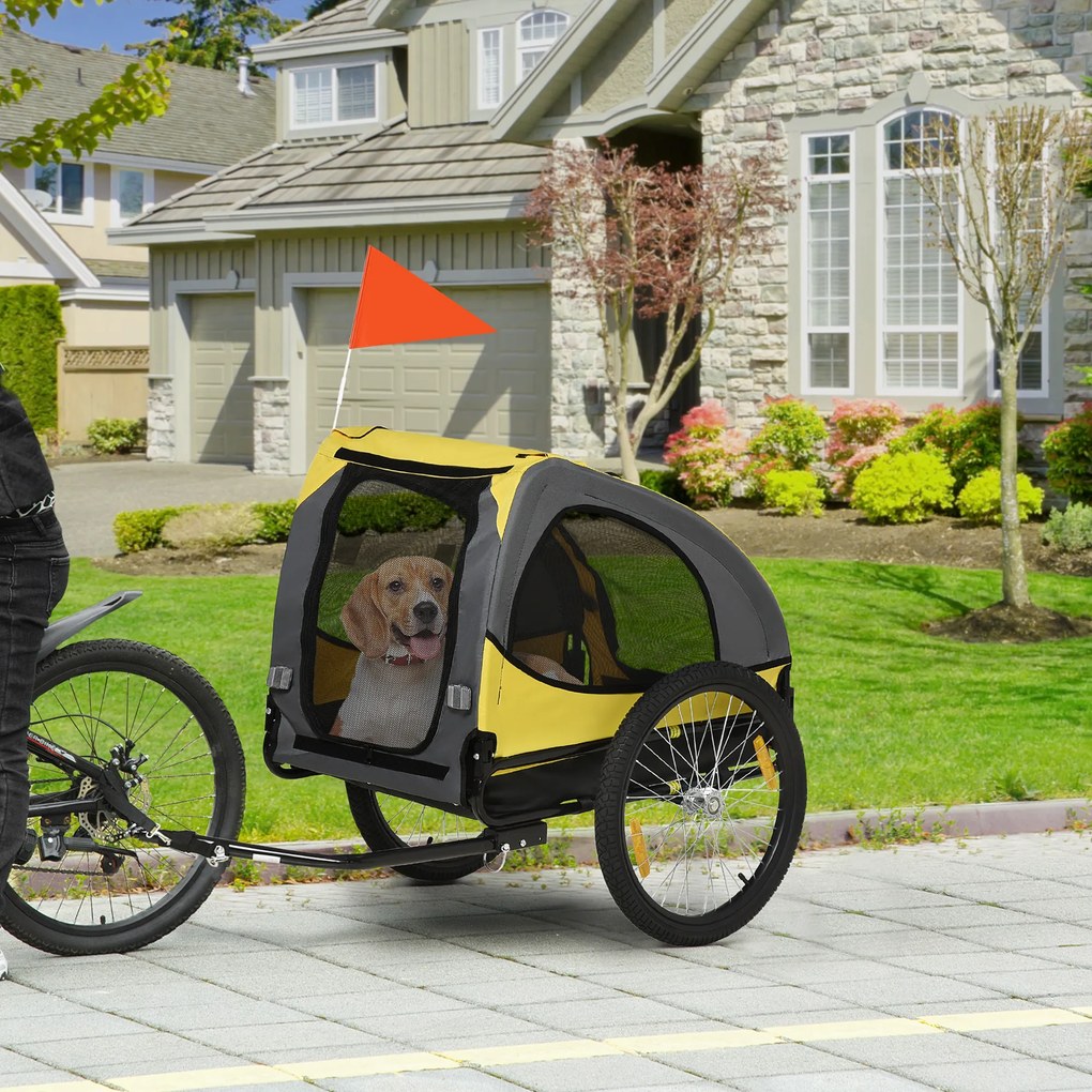 Reboque de bicicleta para cães com janelas em malha, refletores e bandeira de segurança, 140 x 71 x 83 cm, amarelo