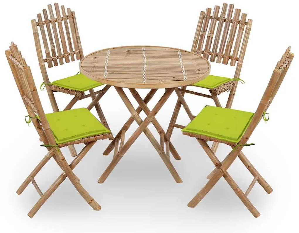 5 pcs conj. de jantar dobrável c/ almofadões p/ exterior bambu