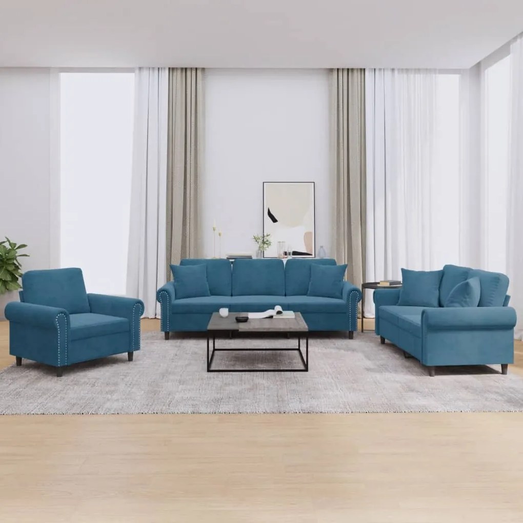 vidaXL 3 pcs conjunto de sofás com almofadas veludo azul